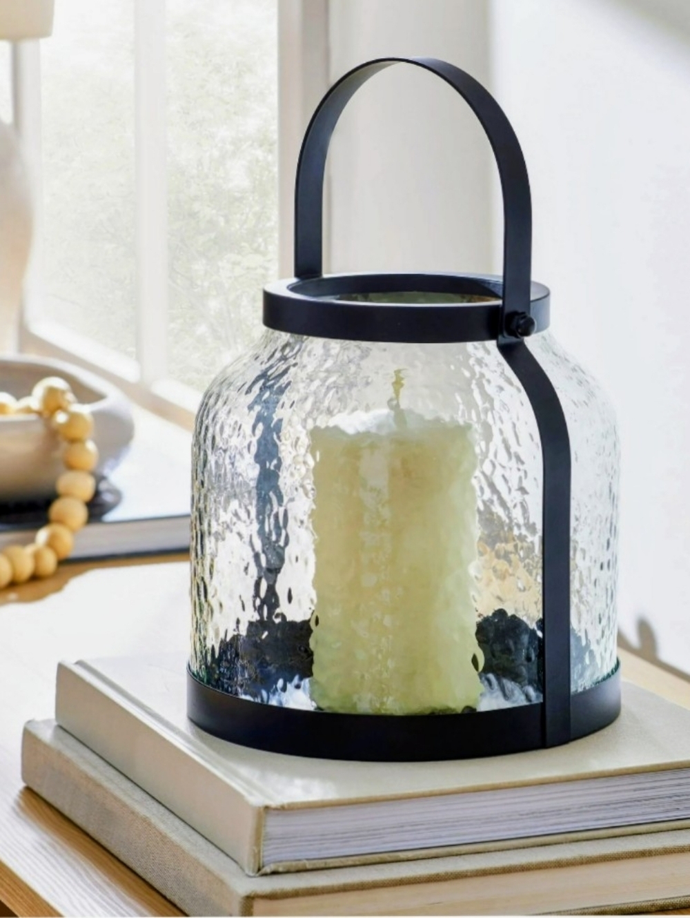 Better Homes & Gardens Black Metal Hammered Glass Candleholder Lantern, 8", Med
